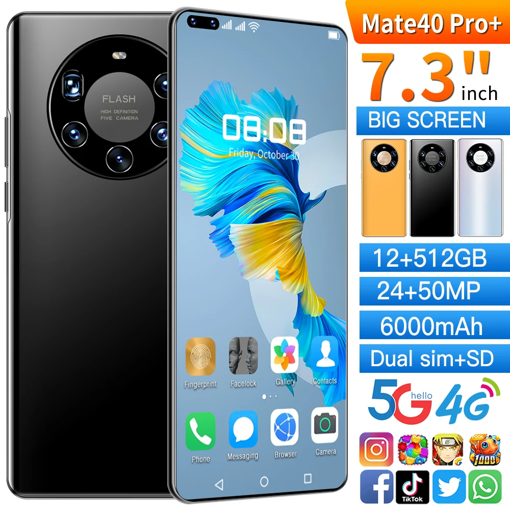 global version mate40 pro 7 3 inch big screen andriod mobile phone 10 core 6800mah double sim card smart phone mtk6889 celular free global shipping