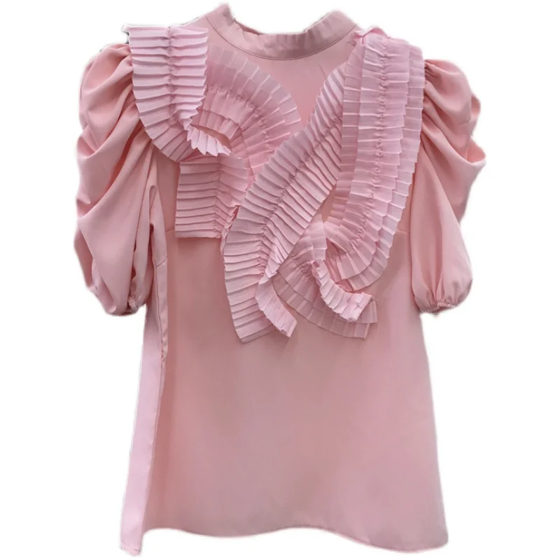 

Chiffon Blouse Women 2021 Summer Korean Style Temperament Solid Color Pleated Ruffled Puff Sleeve Shirt Top Slim Blusas Mujer