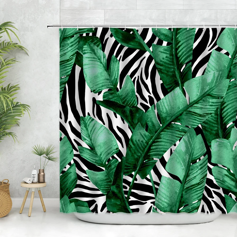 

Creative Personality Bathroom Shower Curtain with Hooks Palm Tree Leaf Leopard Print Bath Curtain Polyester Fabric Bath Screen