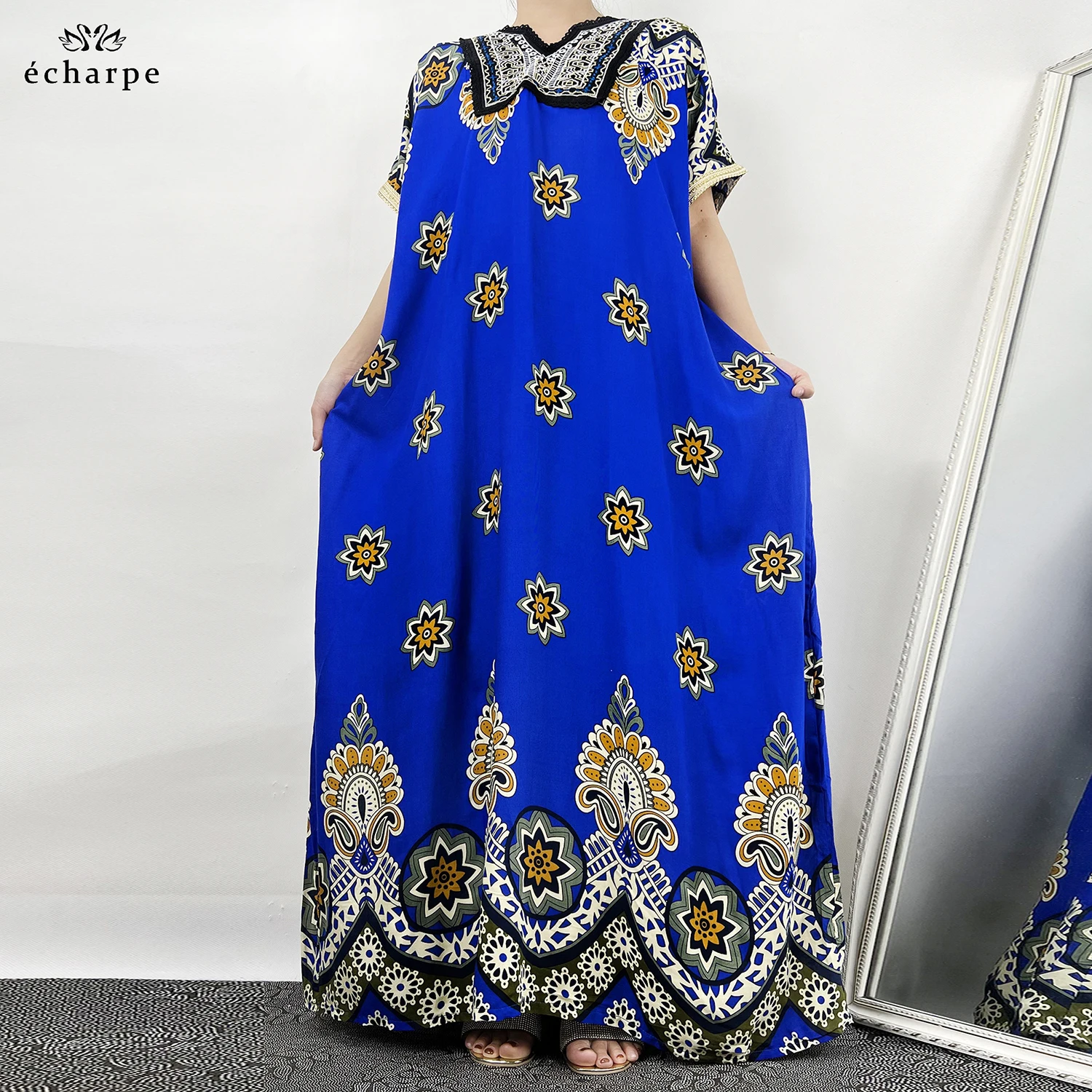 

2022 Short sleeve Cotton Women Vintage Floral Dresses Casual Plus Size Long Woman Dubai Dress Elegant Clothing