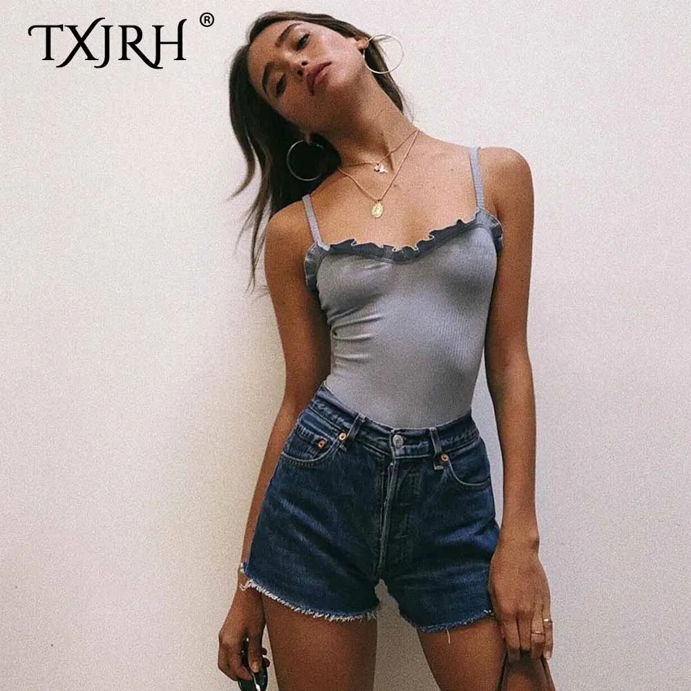 TXJRH сексуальный трикотажный эластичный комбинезон с оборками и деревянными