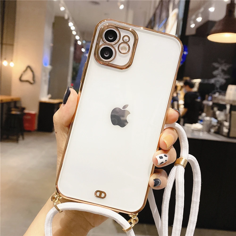 Fashion Electroplated Lanyard Strap Cord Chain Clear Soft Silicon Phone Case For iPhone 13 12 11 Pro Max XS XR 8 7Plus Mini SE X best iphone se case