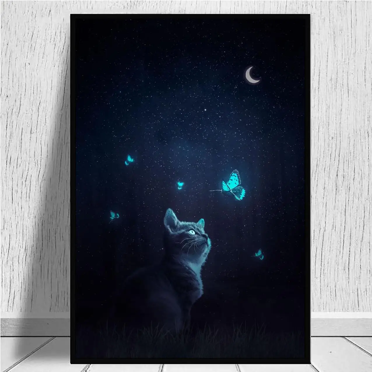 Холст с изображением кошки и синей бабочки животных настенный постер украшение