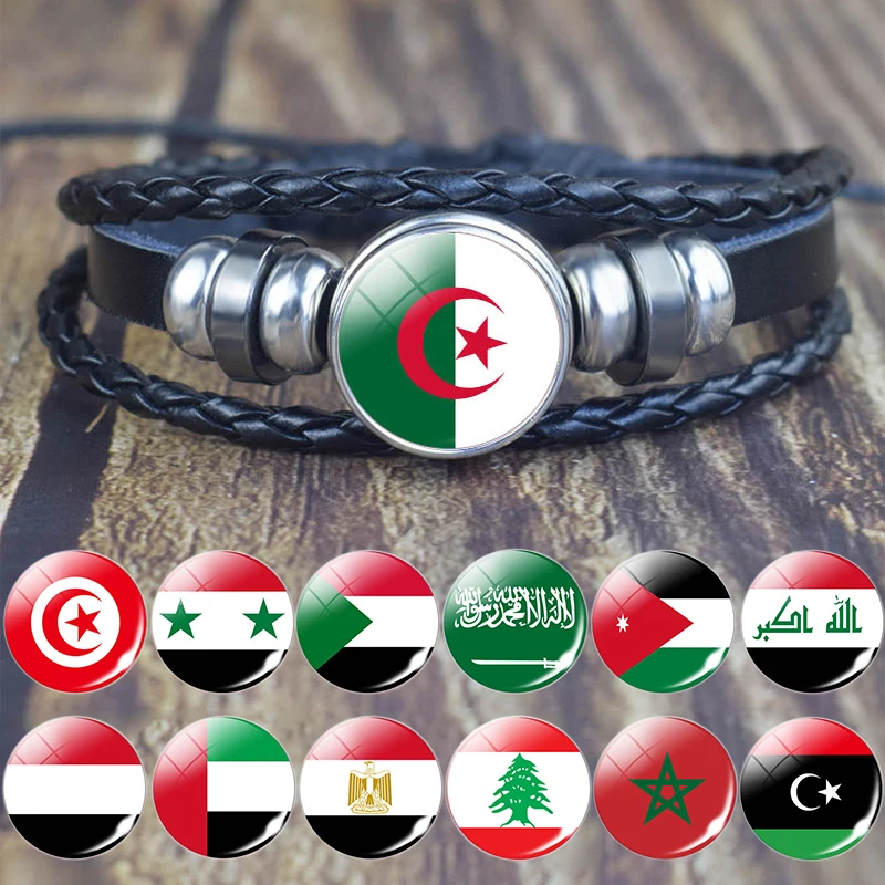 

Arab Countries Flag Black Multi-Layered Braided Bracelets Saudi Arabia Palestine Algeria Egypt Flag Leather Bracelet Travel Gift