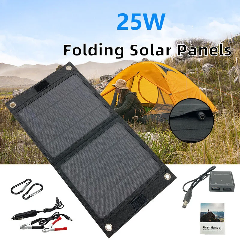 

25W Folding Solar Panel Outdoor Portable Solar Panel Charger 18V Charger Mobile Power Bank for Phone Battery USB Port