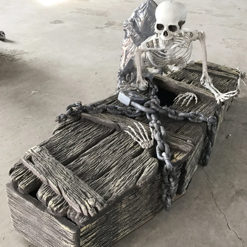 Ata&uacute;d de espuma de Horror de temporada para fiesta de Halloween, accesorios de espuma con cadena de pl&aacute;stico y cerradura para decoraci&oacute;n de Halloween, oto&ntilde;o-0