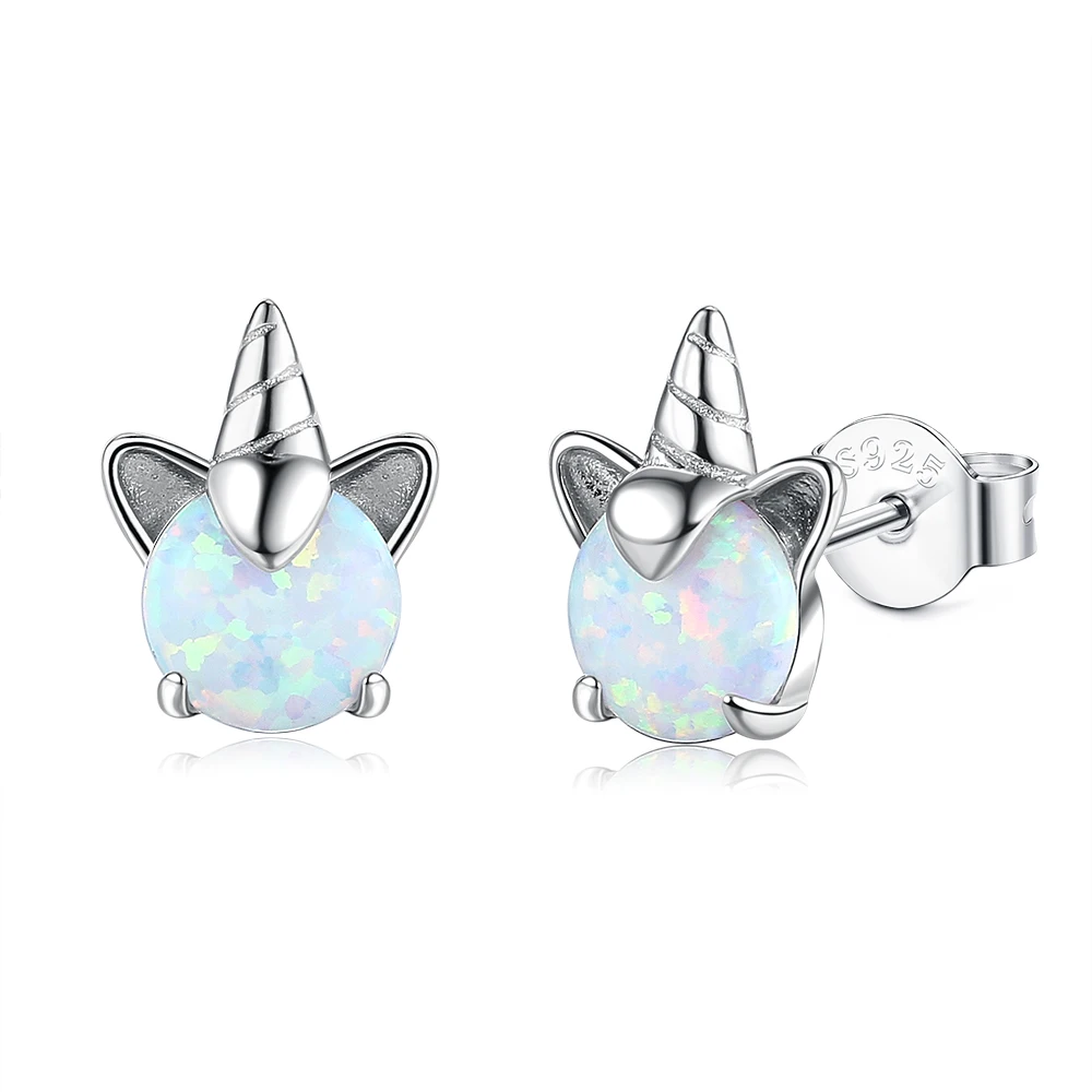 

SILVERHOO 925 Sterling Silver Unicorn Opal Stud Earrings For Women Wedding Small Earring Fine Anniversary Jewelry New Arrival