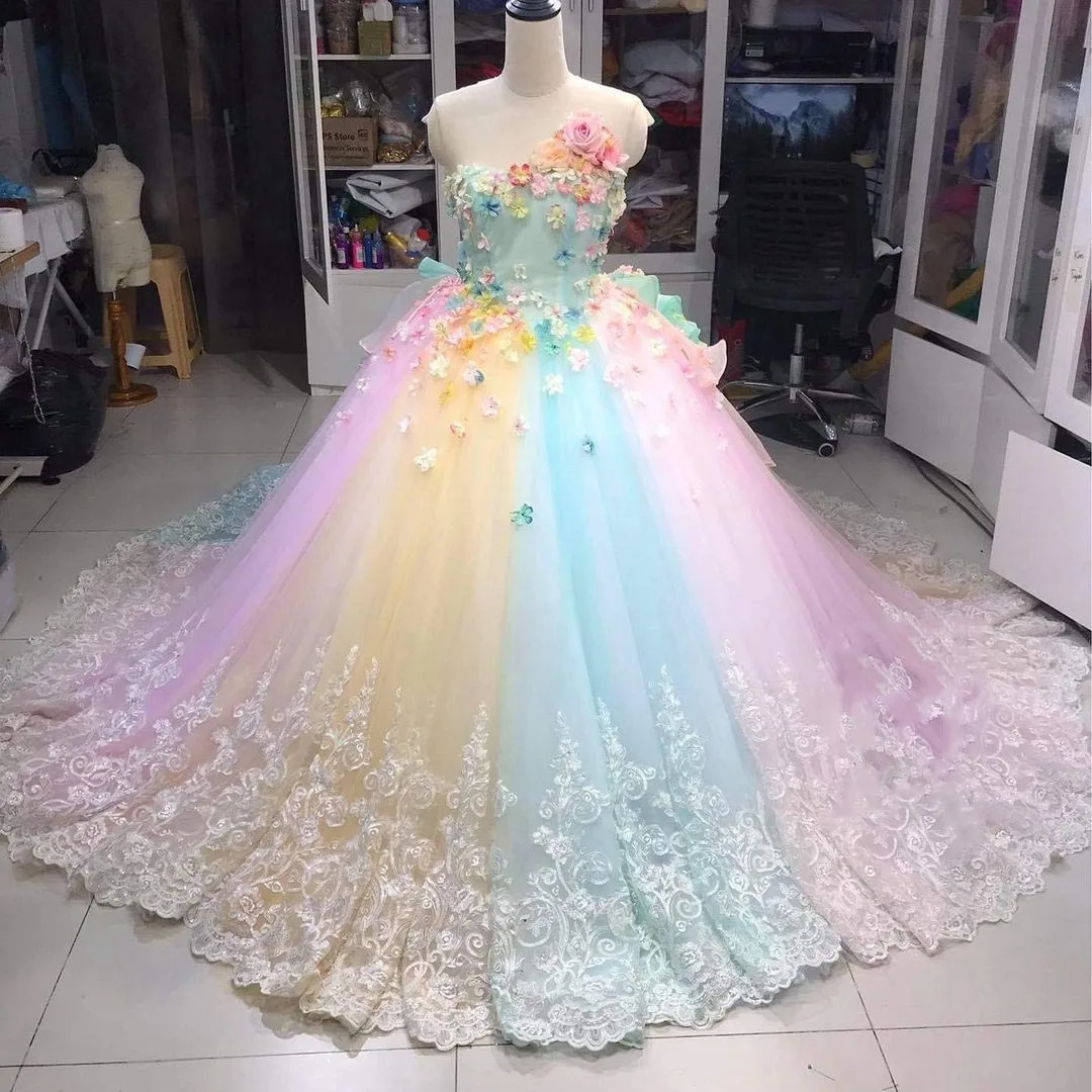 

See-Through Rainbow Evening Dress Flowered Dress Lace Tulle Dress Floral Dress Colorful Wedding Dress Lace-Up Back Dresses