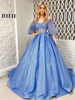 jeheth sparkly blue sequins evening dresses puffy off the shoulder half sleeve v neck long prom party gowns special occasion