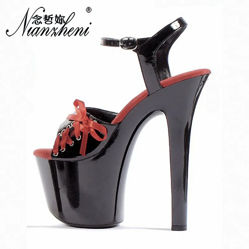 

2021 new summer sandals ribbon women's thick heel round head super high heel 17cm large buckle women's shoes