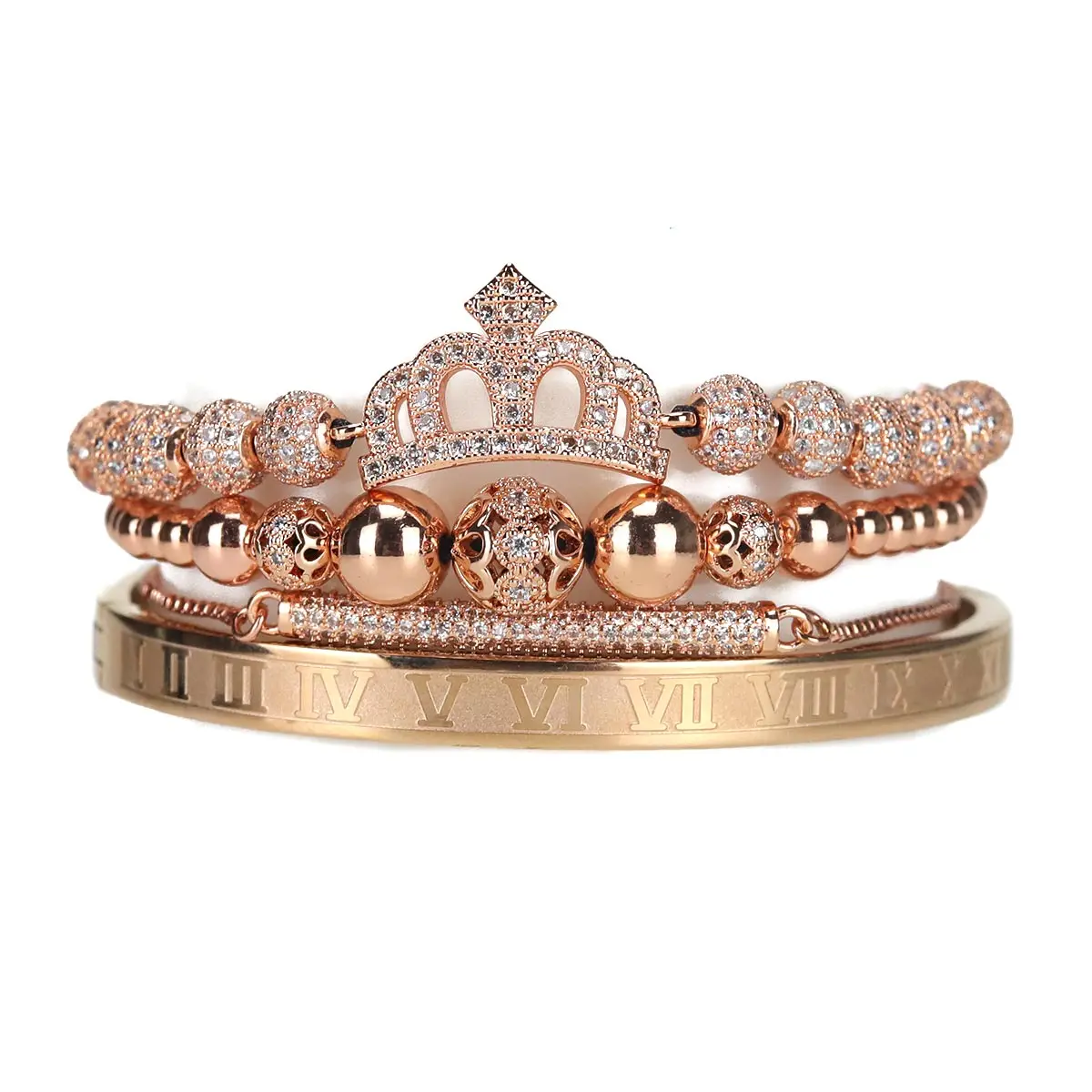 4pcs/set Luxury royal queen crown bracelet set stainless steel beads cz charms Roman bracelets & bangles for women jewelry