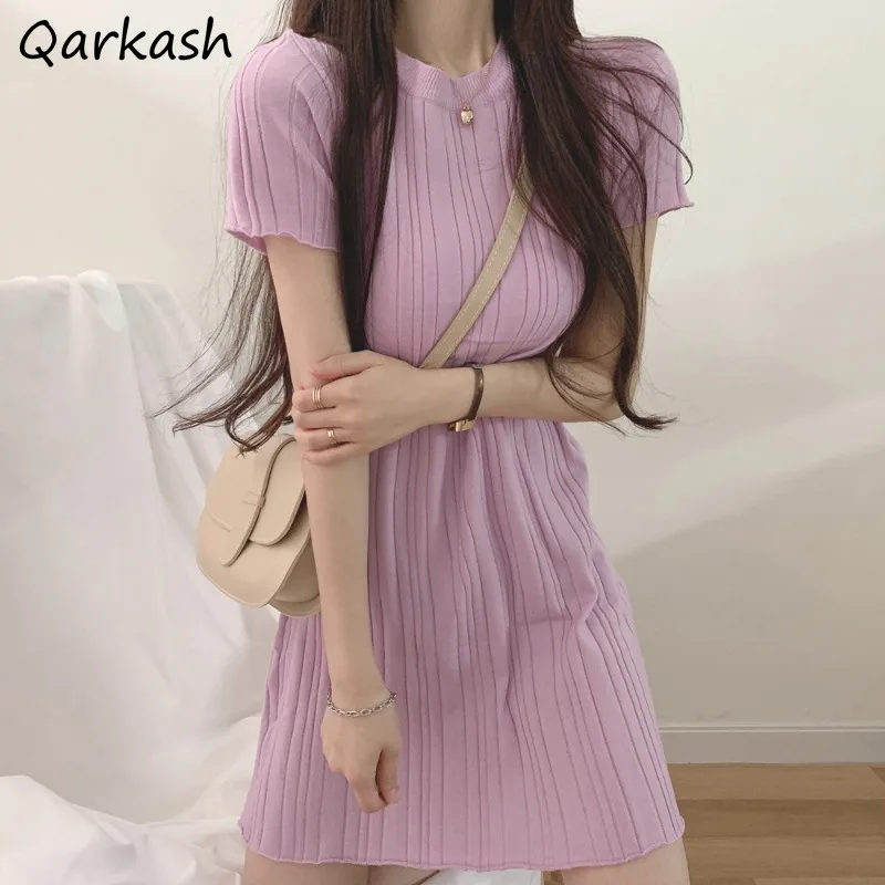 

Mini Dress Women Short Sleeve Summer Simple Tender Soft 5 Colors Korean Style Female Vestidos Leisure Elegant College Daily New