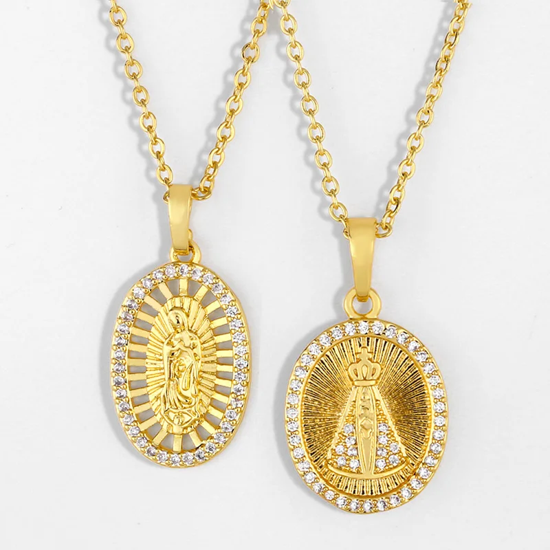 FLOLA CZ Золотая Дева Мария подвески для женщин Хрустальная корона крест кулон