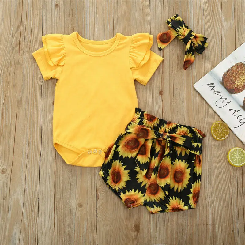 

3Pcs Set Newborn Baby Girl Clothes Short Sleeve Bodysuit Shorts Sunflower Summer Girls Clothes Outfit