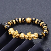 black agate pixiu feng shui beads bracelet men women unisex gold black wealth and good luck bracelet tc21