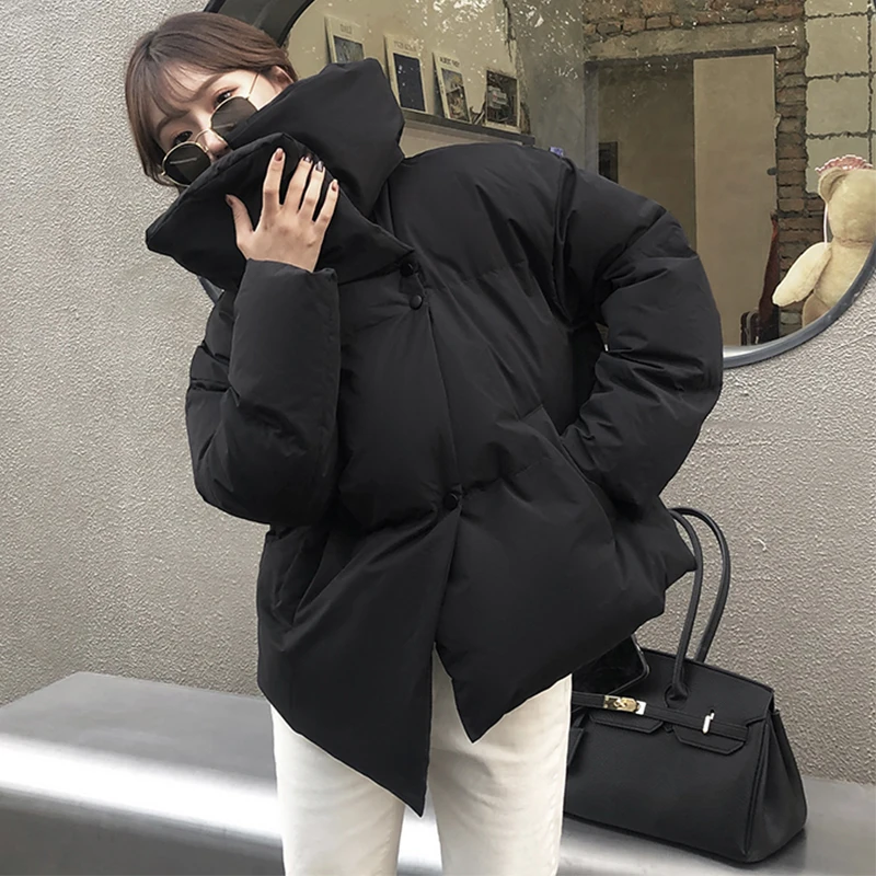 

Black Beige Brown Asymmetric Winter Woman Parkas Bread Coats Warm Short Jacket Korean Style Loose Thick Outercoats Puffer Tops