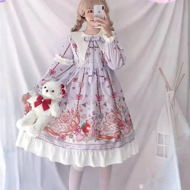 

Платье Лолита CON с мультяшным рисунком, мягкое классическое милое женское Повседневное платье с длинным рукавом для повседневной носки и ве...