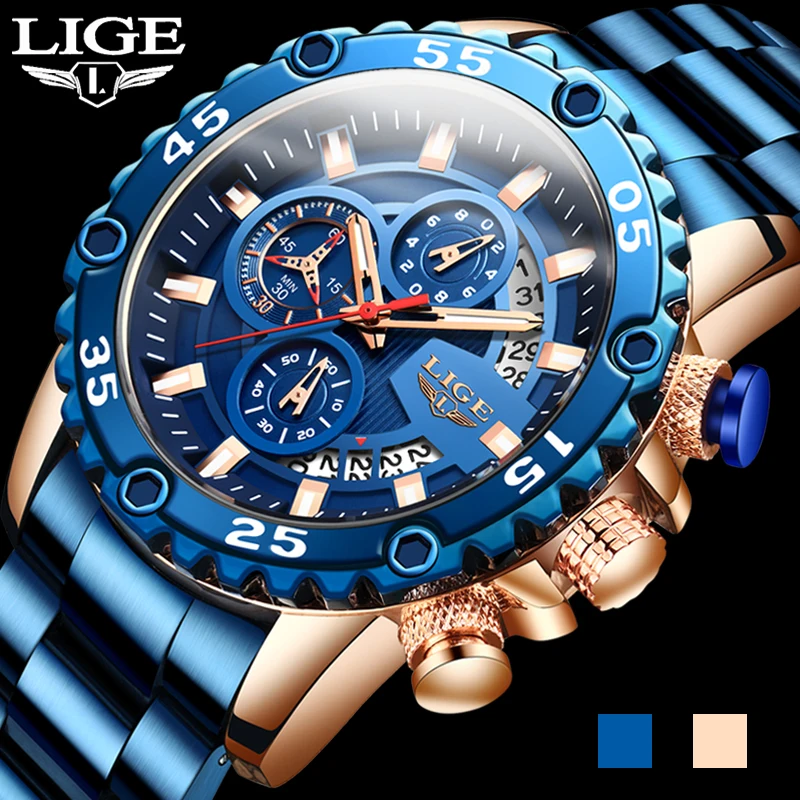 Часы наручные LIGE Мужские кварцевые Спортивные Светящиеся с указателем самолета
