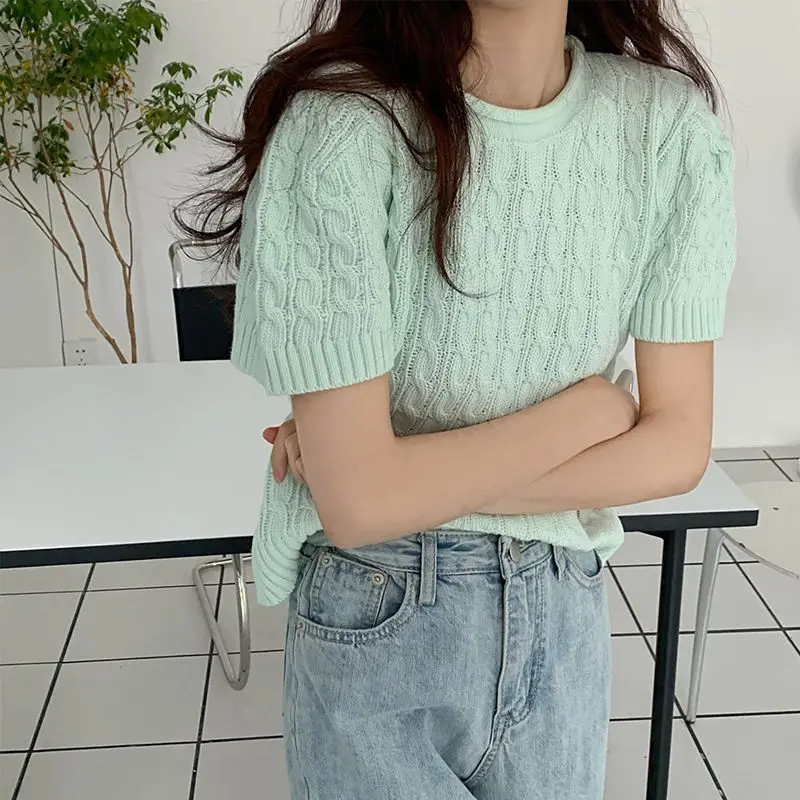 

Solid Short Sleeve Knitted T-shirt Women's Loose 2021 New Summer Short Bubble Sleeve Top