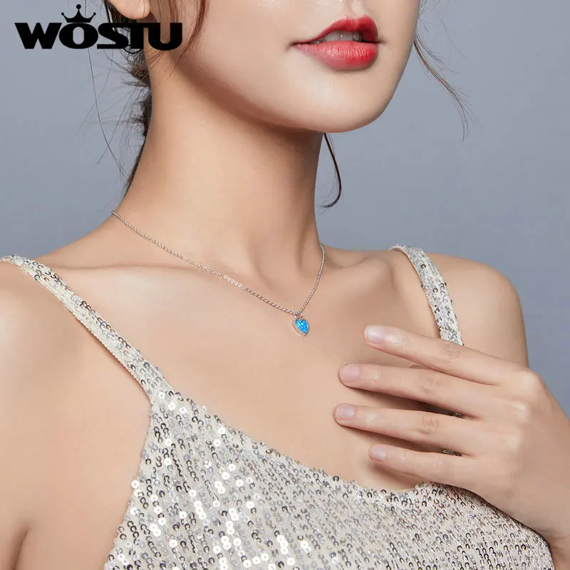 Wostu Deep Blue Heart Necklace for Women 925 Sterling Plated platinum Translucent opal Luxury Brand Jewelry 2020 Mode DXN413 | Украшения и