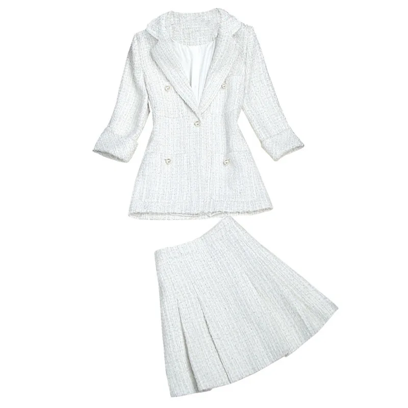 

New 2019 Womens Winter Tweed Jacket Skirts Suit Notched Collar Pearls Button Small Pockets Pleated Mini Skirt Two Piece Outfits