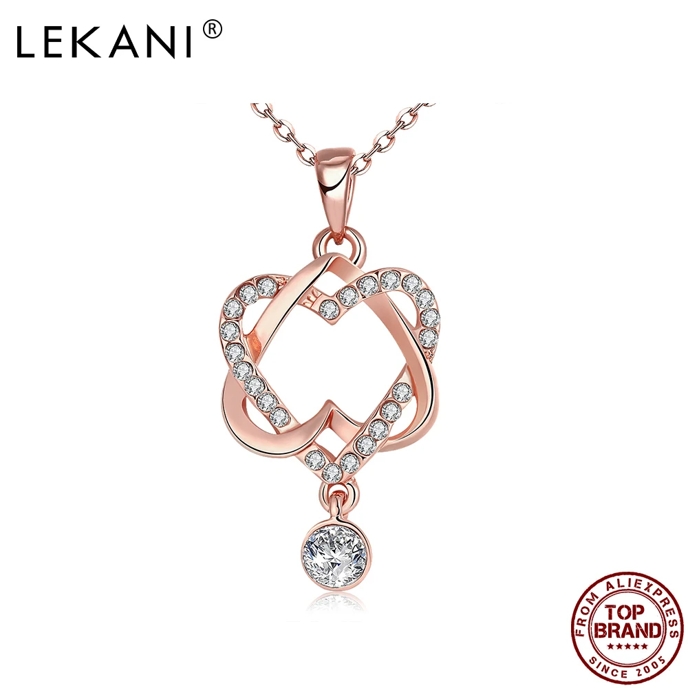 

LEKANI Women Pendant Necklaces Fashion Hollow Heart To Heart Clear Cubic Zirconia Necklace Female Anniversary Jewelry New Arriva