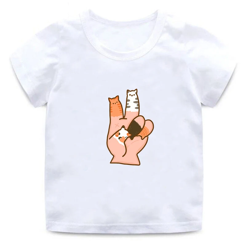 

Детская футболка с коротким рукавом, модная футболка в стиле Харадзюку с милыми перчатками в виде кота, летняя футболка с круглым вырезом дл...