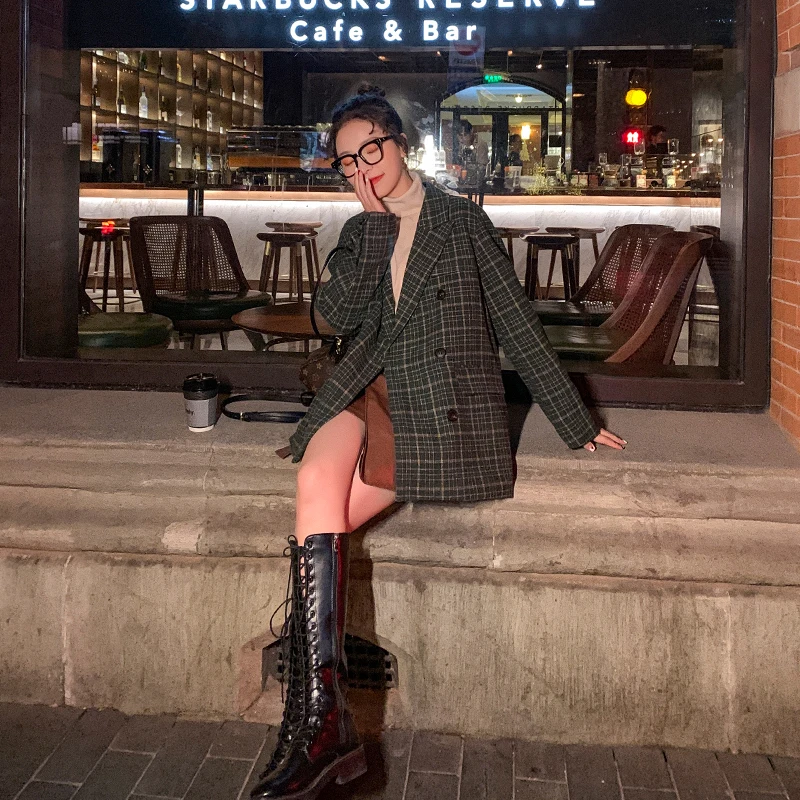 

Vintage Plaid Korean Blazer Women Double Breasted Loose Casual Suit Coat Jacket Spring Autumn Female Elegant Retro Outerwear
