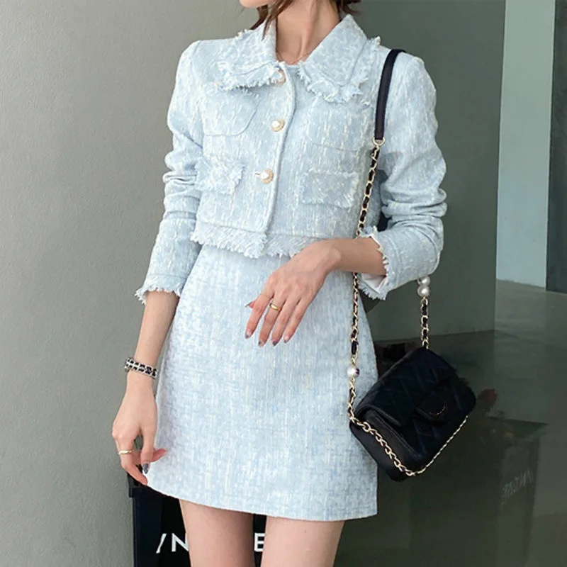 

High Quality Female Elegant Skirt Suits 2021 New Autumn Tweed Two Piece Set Women Outfits Crop Top Mini Skirt Set Vetement Femme