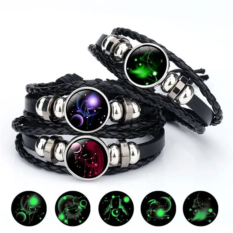 

Charm Luminous 12 Constellation Zodiac Print Leather Bracelets Glass Snap Buttons Bracelet Bangle for Woman Men Jewelry Gift