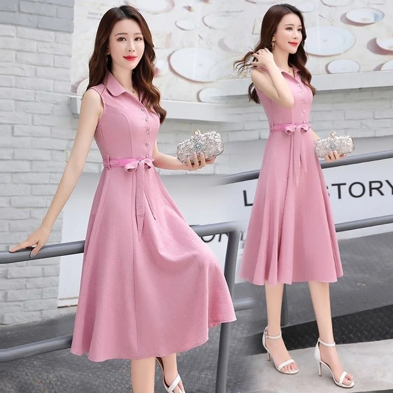 

Solid Sleeveless Casual Dress Women Turn-down Collar Slim Fit Lace-up Draped Office Ladies Summer Dresses Large Size 4XL