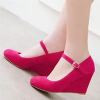 mary jane wedge shoes for women high heels buckle strap pumps ladies round toe party dress shoes hotpink black big size 43 44 45