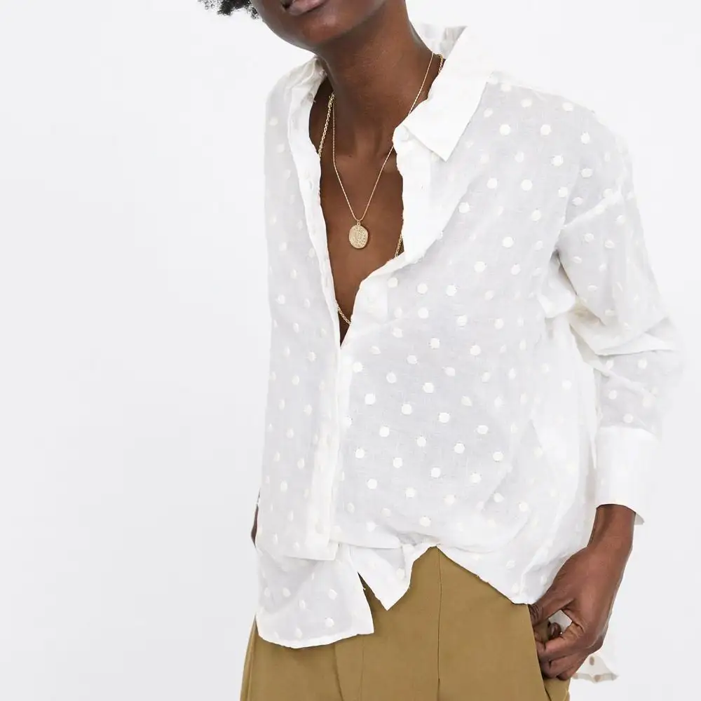Женская хлопковая блузка с отложным воротником рубашка в горошек вышивкой Blusas