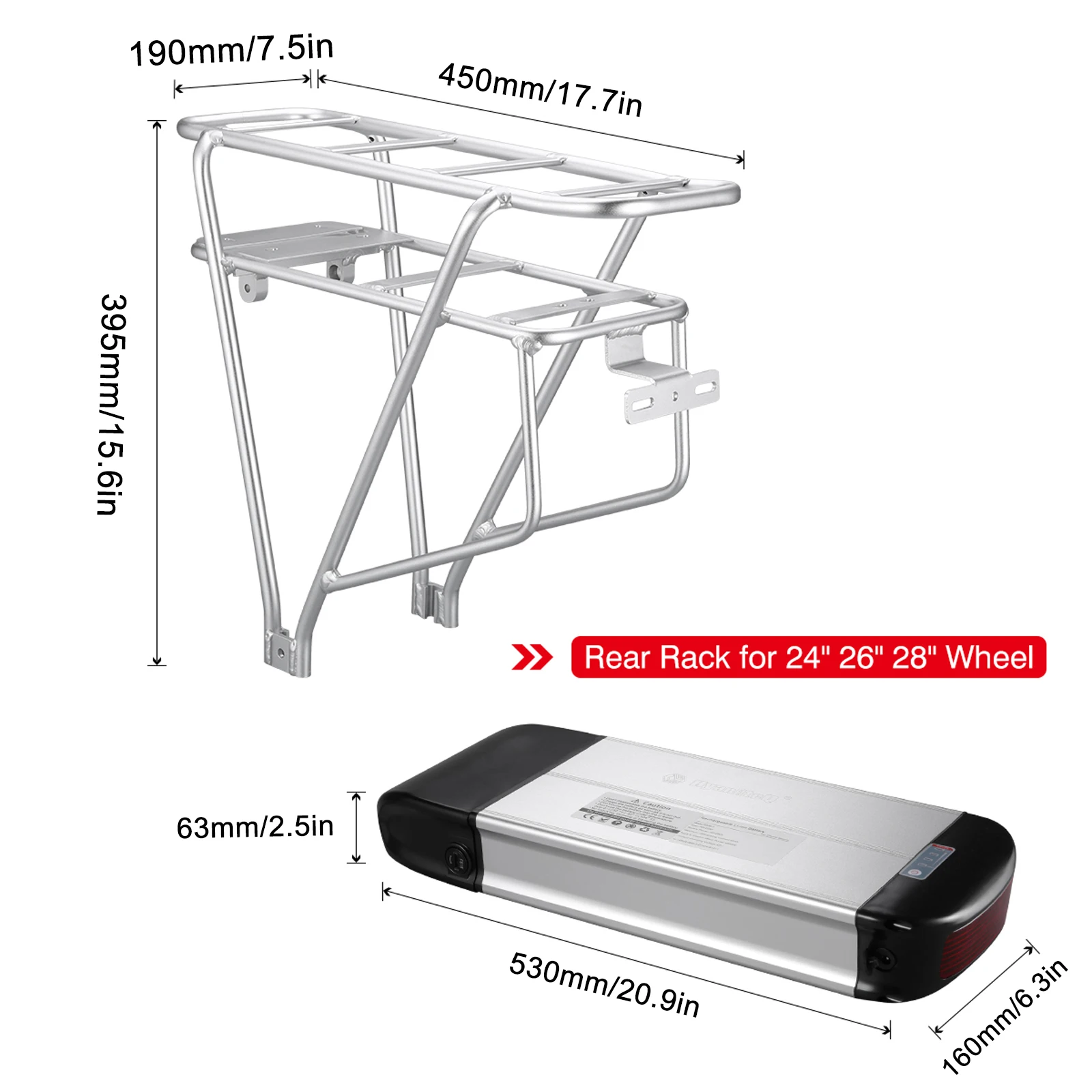 

Electric Bicycle Rear Rack Battery 48V 15Ah 720Wh Ebike Battery with Mounting Rear Rack E-bike Rechargeable Li-ion Battery