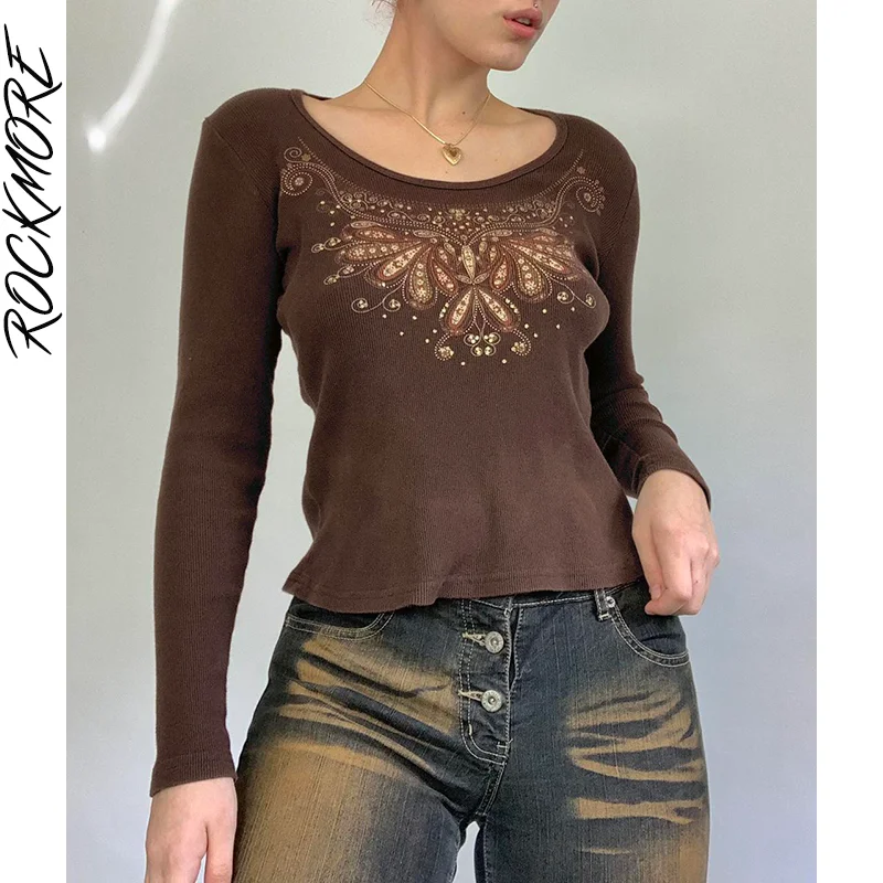 

Rockmore Vintage Print Crop Top Women Y2K Aesthetic Long Sleeve T-shirt Autumn Brown Casual Basic Graphic Tee Shirt Fairy Grunge