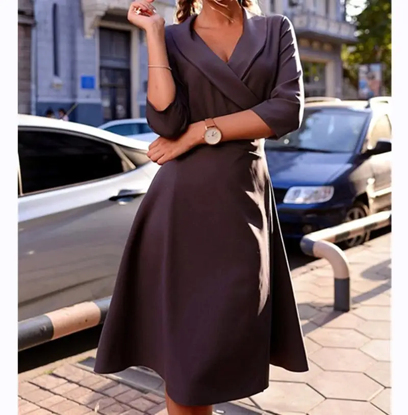 Женское винтажное офисное платье однотонное Повседневное с рукавом три четверти