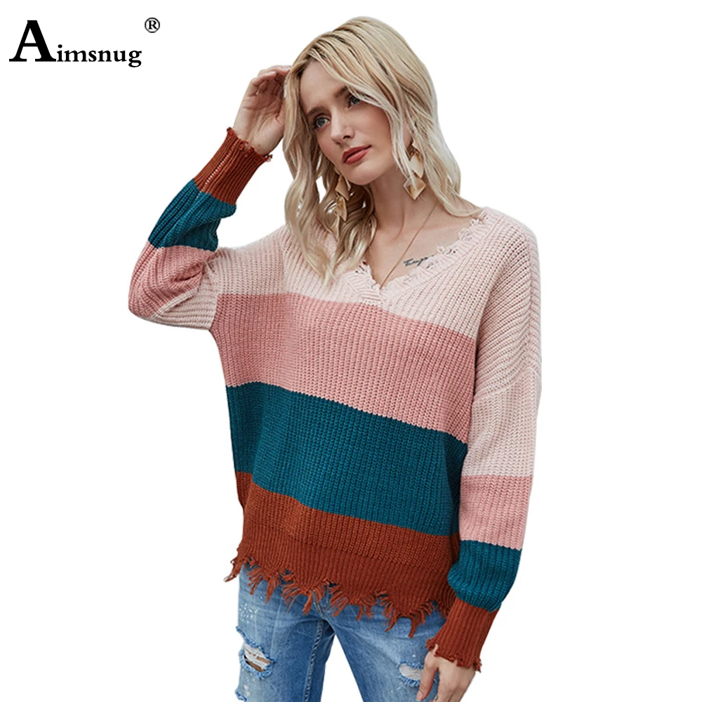 

Женский свитер Aimsnug осень 2020, Женский Повседневный пуловер с длинным рукавом и V-образным вырезом, вязаные свитера, женская зимняя теплая оде...