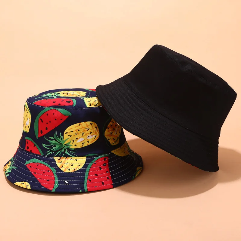 

2021 Hot Tropical Fruit Print Panama Caps Female Double-side Fisherman Hat Men Women Summer Travel Beach Sun Bucket Hat