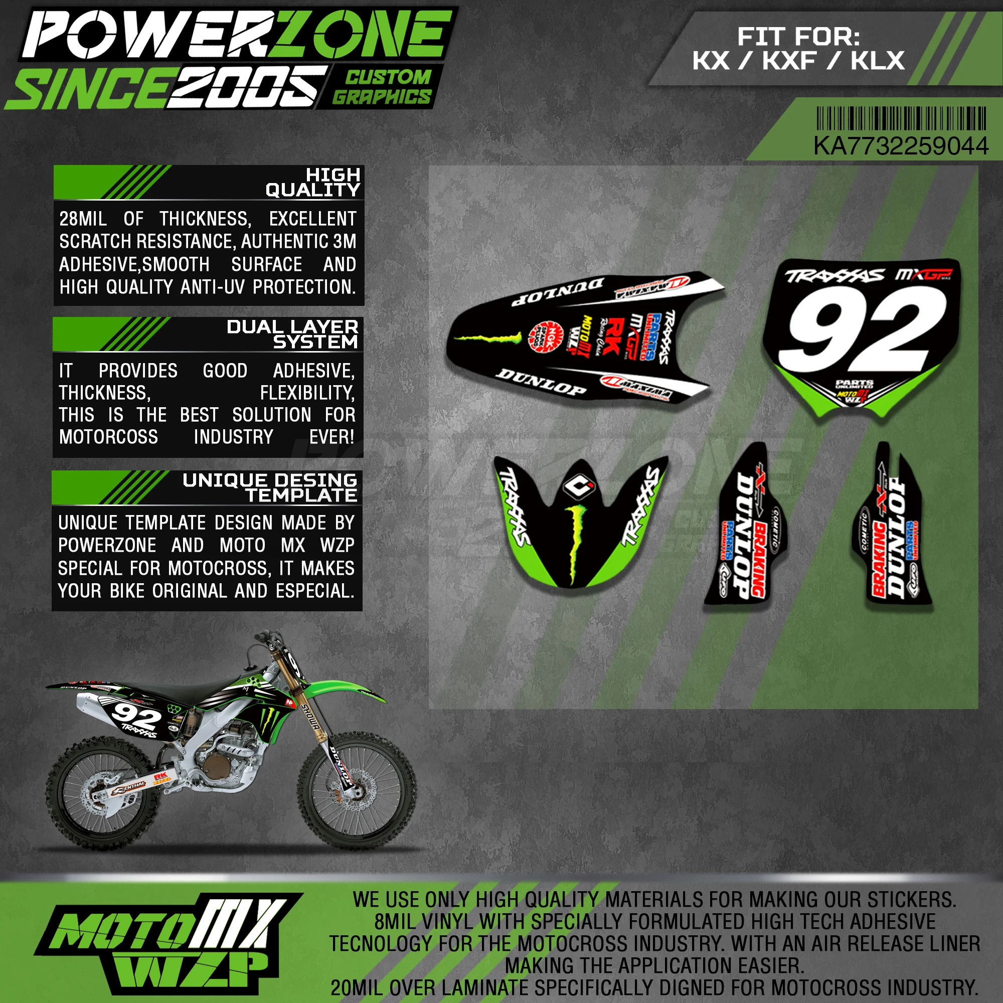 Набор графических наклеек PowerZone Custom Team стикеров 3M для Kawasaki 2006-08 09-12KX250F KX450F 08-13KLX450R 44