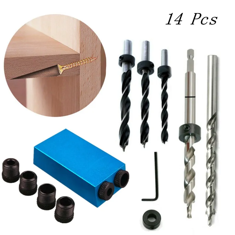 

14 шт. деревообрабатывающие косые отверстия Φ 15 градусов направляющая для дрели Дырокол с карманным отверстием Jig DIY Столярный инструмент