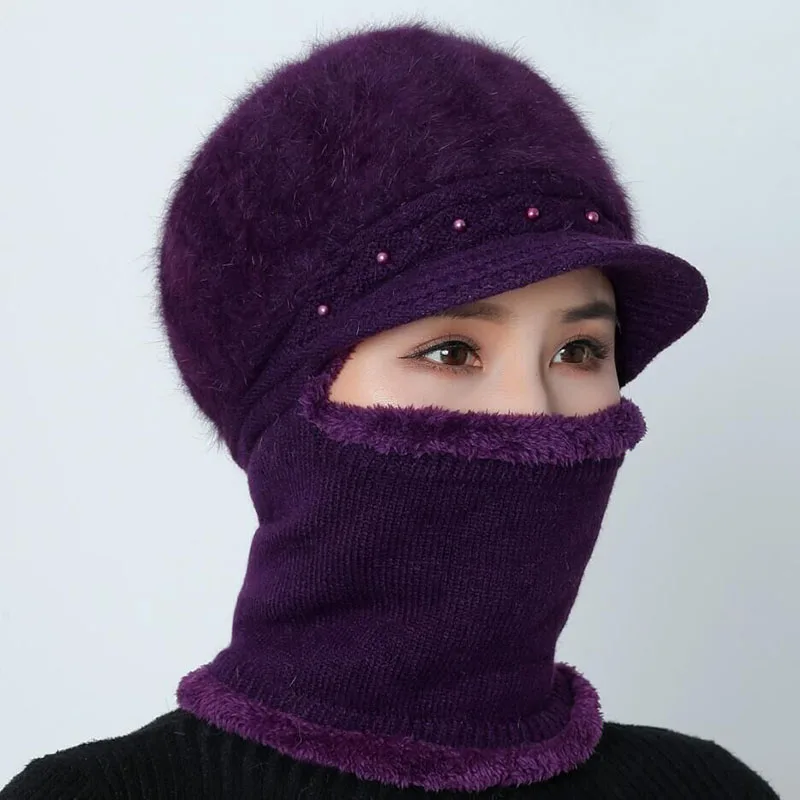 Высококачественные зимние шапки для женщин Skullies Beanie cap шляпки из шерсти набор теплая маска Gorras шапка из кроличьего меха Вязаная Шапка - Цвет: Dark purple