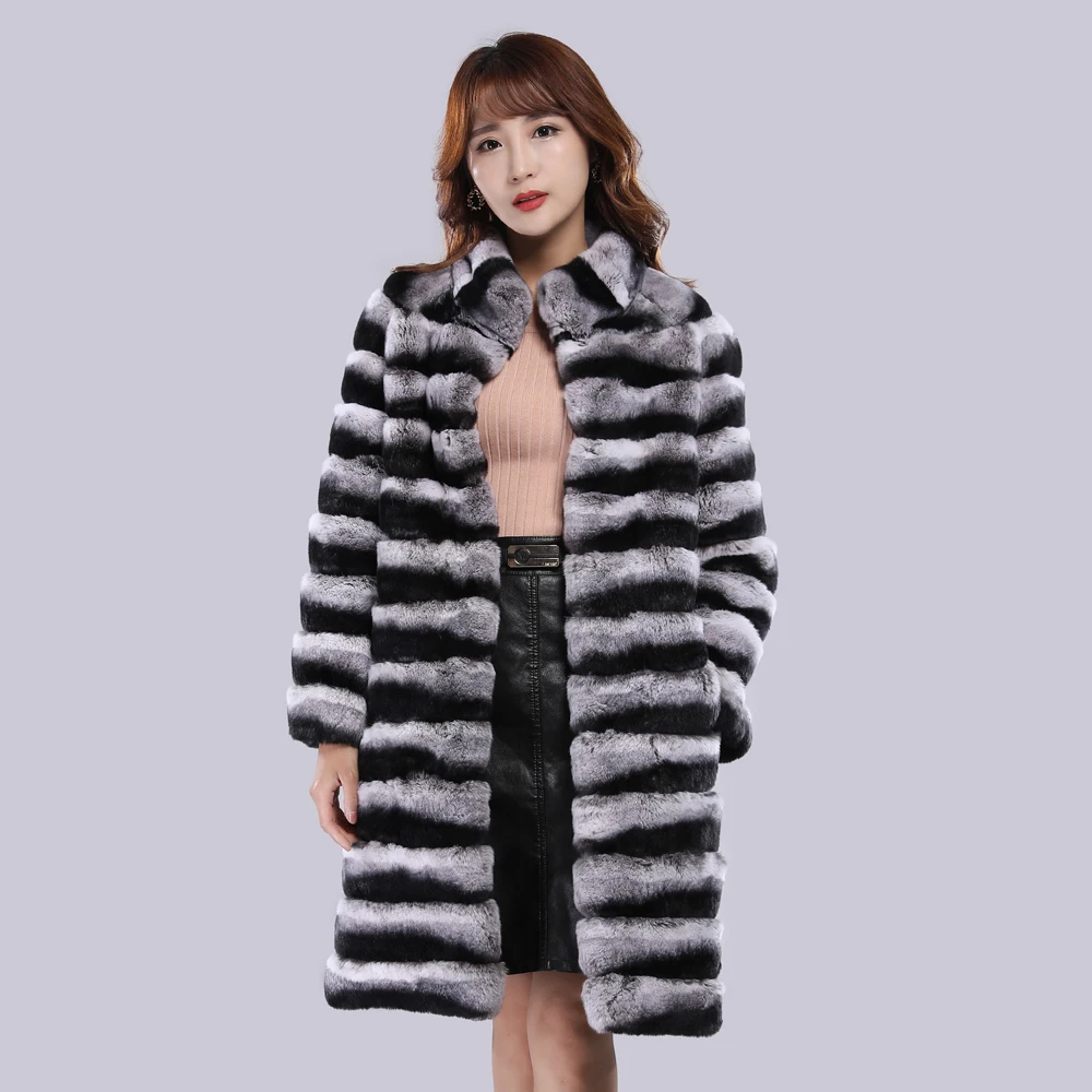 Лидер продаж леди Настоящий мех кролика пальто Зимние теплые мягкие длинные