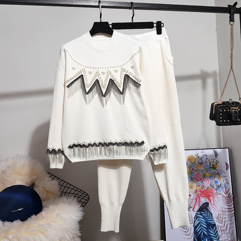 Женский вязаный комплект осень новинка модный стразы кисточка свободный длинный