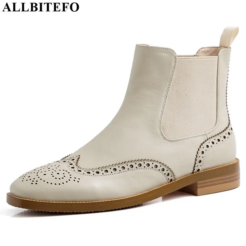ALLBITEFO/женские ботинки на низком каблуке; однотонные ботильоны из натуральной кожи с квадратным носком; сезон осень-зима; модные ботинки для девочек