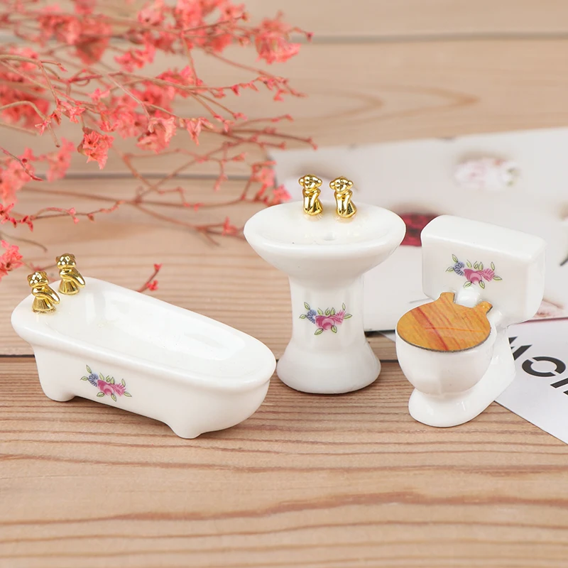 1Set(3pcs) 1/24 Dollhouse Miniature Bathroom Set Ceramic Bathtub Toilet for Dolls House Furniture Play Toy 3Styles