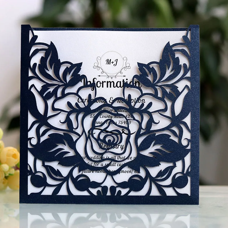 

1pcs Red Blue Laser Cut Lace Pocket Wedding Invitations Card Square Rose Flower Customize Greeting Card Wedding Party Decoration