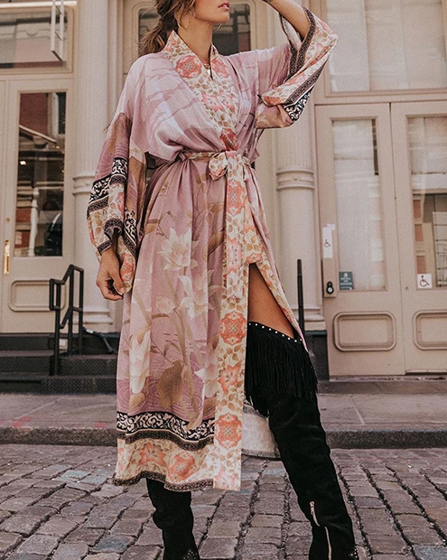 Everkaki Boho Цветочный принт пальто-кимоно женские пояса Розовый Цыганский осеннее женское длинное пальто-кимоно верхняя одежда женская Осень новинка