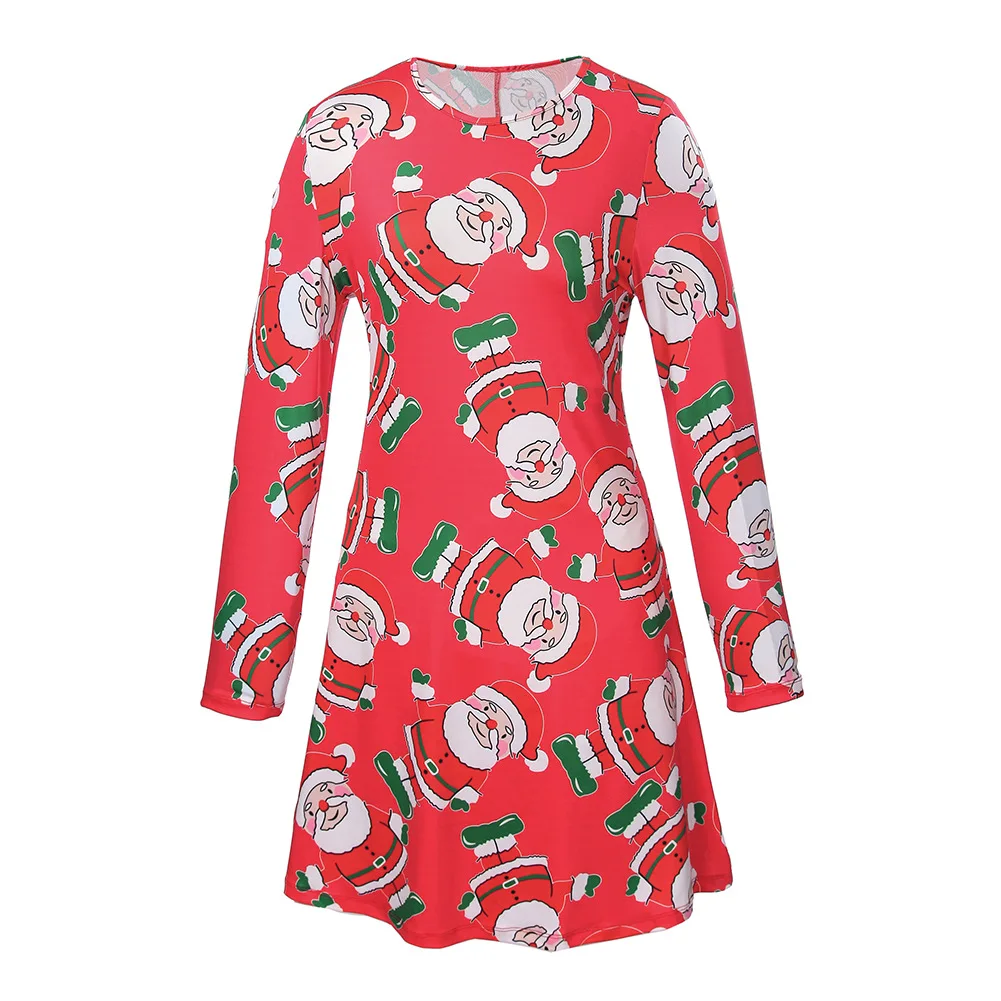 

New Year Ladies Christmas Dresses Casual Cartoon Print Santa Claus O Neck Long Sleeve Mini Dress Vestido Plus Size Party Dresses