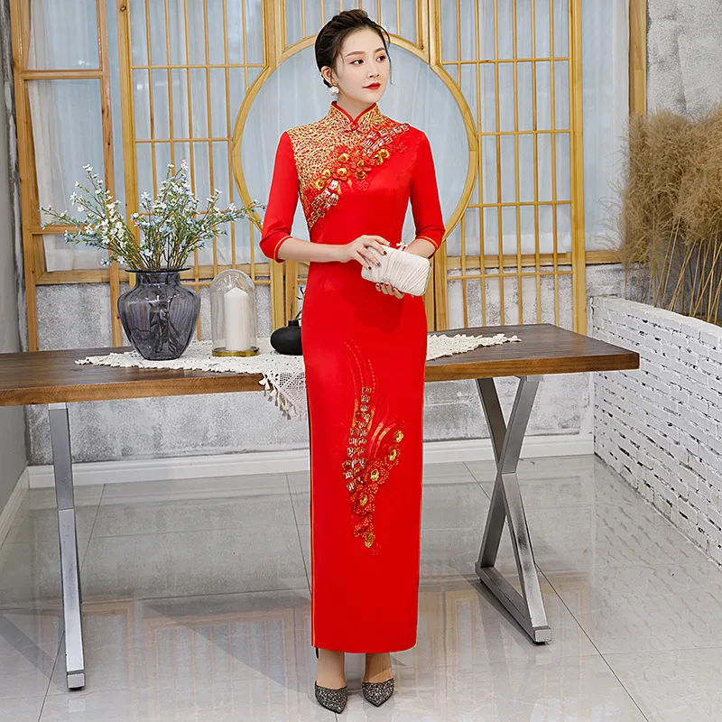 

Женское винтажное платье с блестками, летнее платье в китайском стиле с 3d-цветами и воротником-стойкой