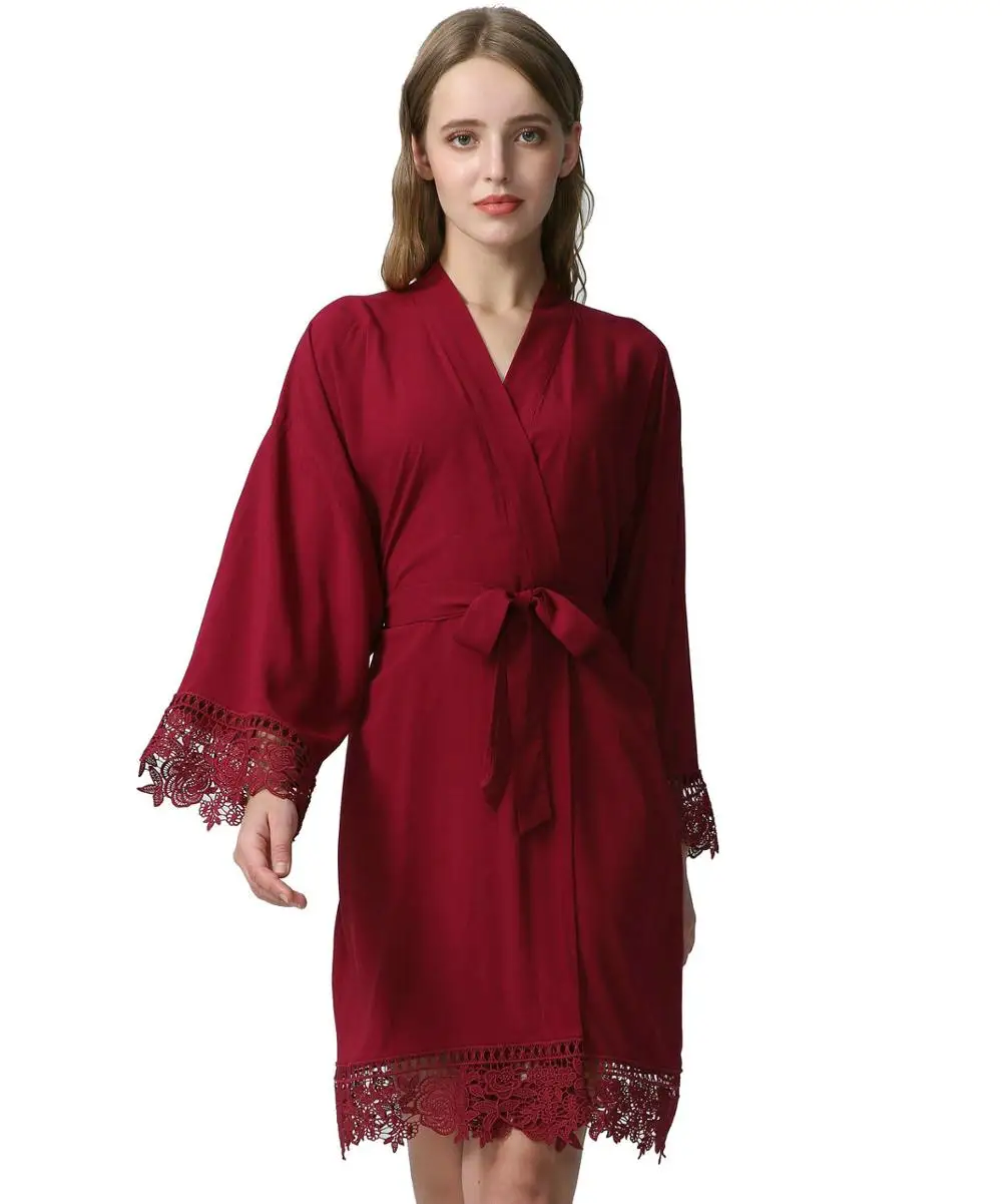 wine red YUXINBRIDAL новые фиолетовые однотонные платья из вискозы и хлопка для подружек невесты с кружевной отделкой женские свадебные халаты кимоно халаты для невесты - Цвет: wine red